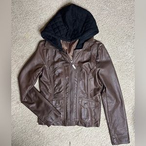 Brown Hooded Faux Leather Jacket